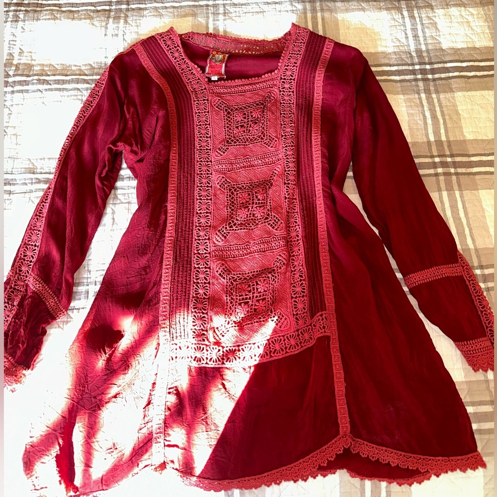 Vintage embroidered red Johnny Was tunic blouse